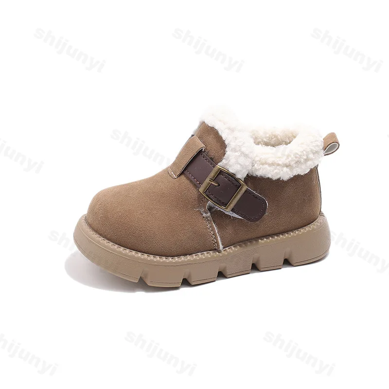 Botas de nieve para niños, novedad de 2025, hebilla de moda, piel gruesa, Color sólido, botas cortas para niños, tobillo flexible, ocio, zapatos cálidos para niños y niñas