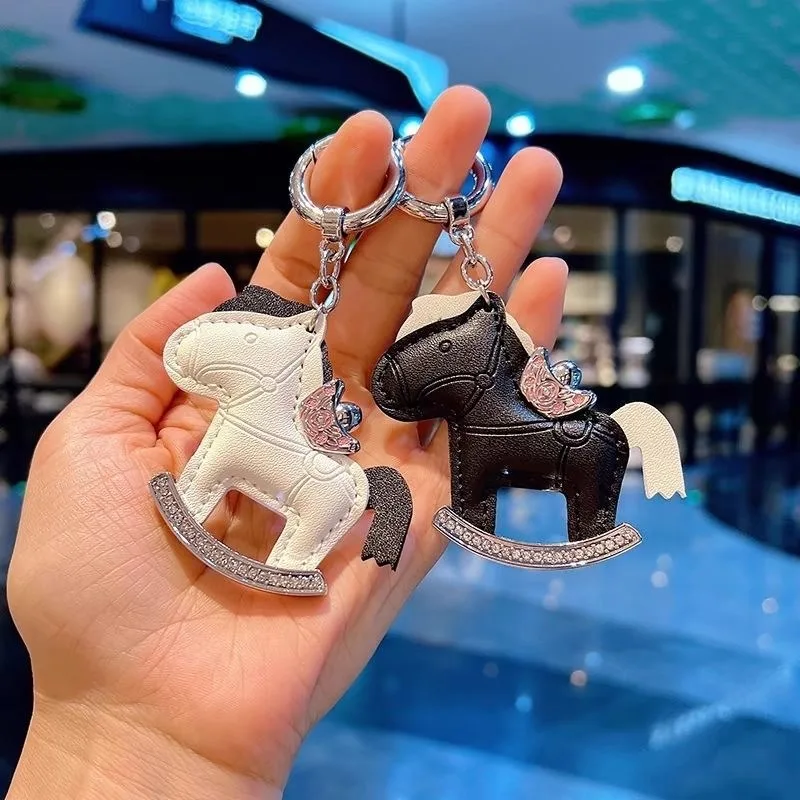 Women Leather Zodiac Horse Car Keychain Bag Pendant Ornament Cartoon Pony Rocking Horses Keyring New Year Blessing Gift