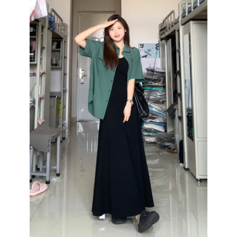 Black Cold-Feeling Long Skirt I-Shaped Vest Dress Women's Suspender Skirt Tall Waist Slimming A- Line