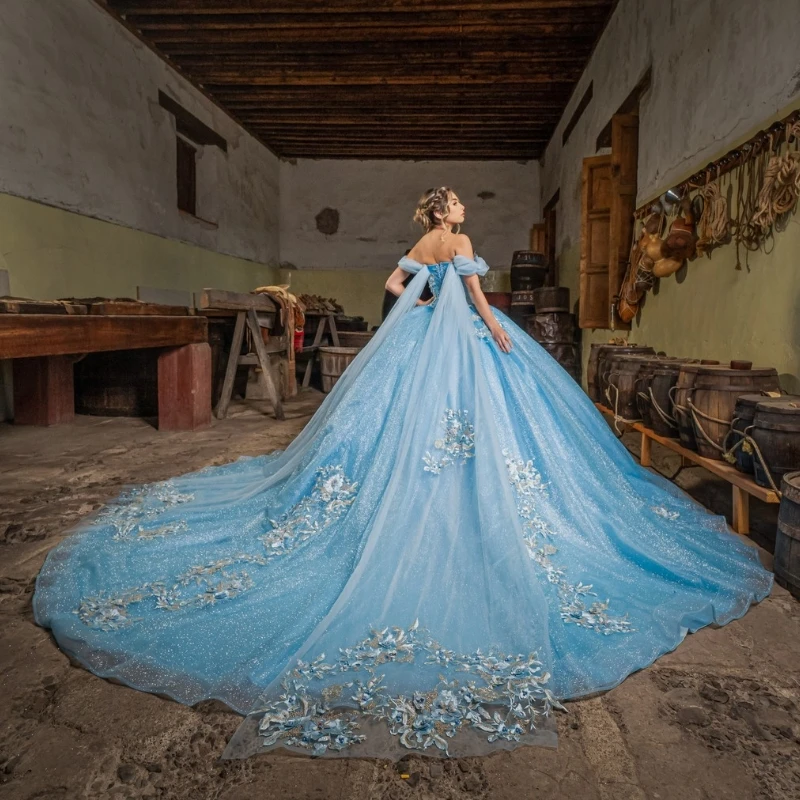 

Lorencia Luxury Beading Blue Quinceanera Dress Lace Applique With Cape Off Shoulder Sweet 16 Dress Vestidos 15 De XV Años YQD534