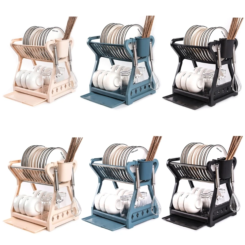 Double-layer Kitchen Dish Bowl Draining Storage Rack with Chopstick Cage Household Tableware Organizer Tray Box Basket