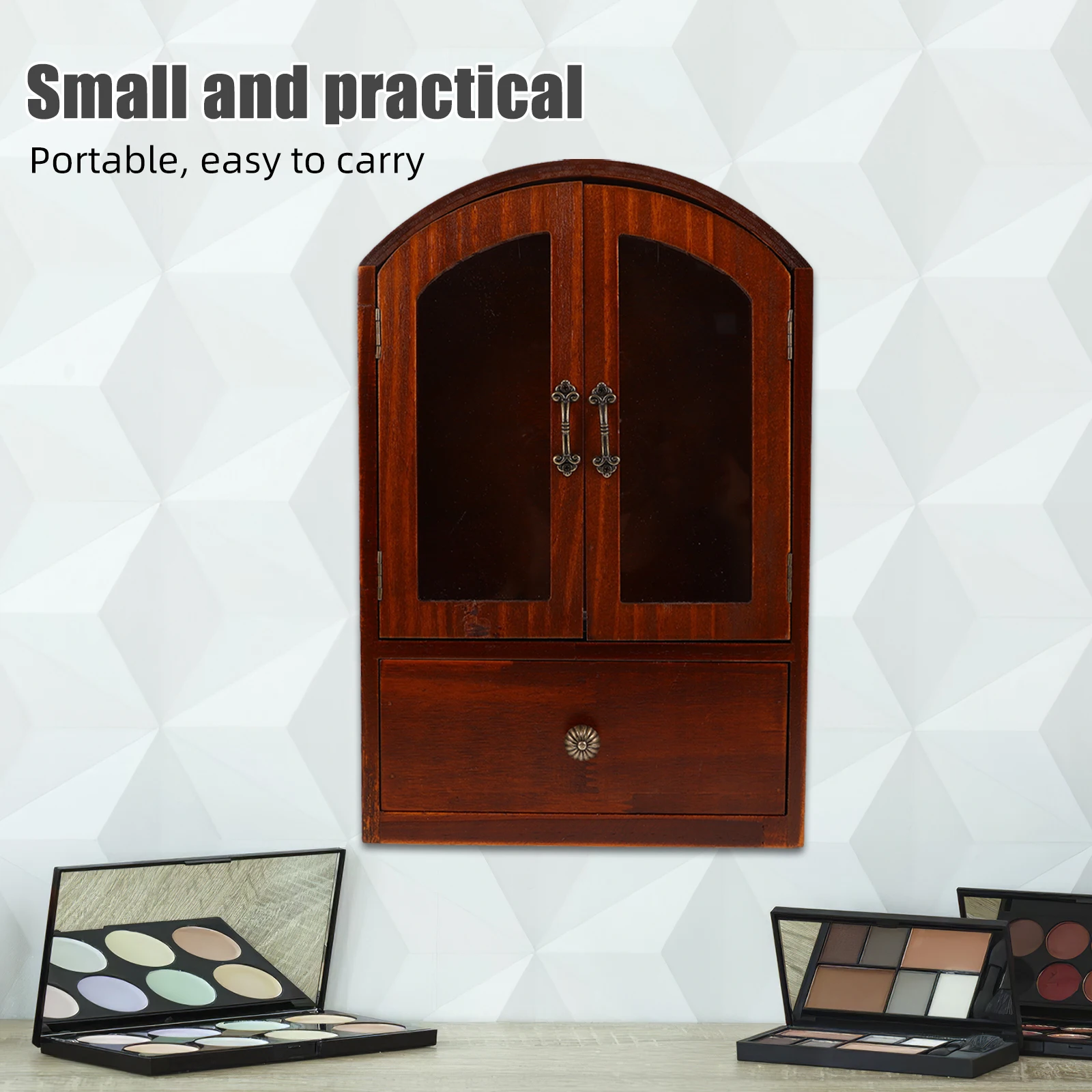 Retro Wood Desktop Storage Glass Desk Drawers Makeup Office Supplies Small Countertop Home Workspace Wood Cabinet With Doors