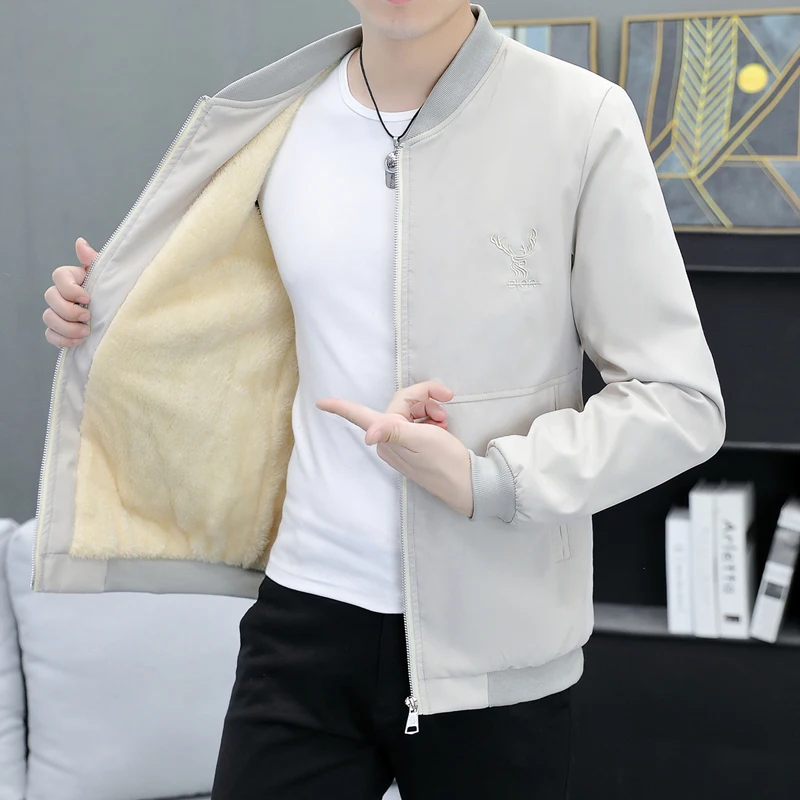 

Men's Fleece Lined Thickened Baseball Jacket Autumn Winter Fashionable Warm Coat Standard Fit Zipper Closure Long Sleeve Poly...