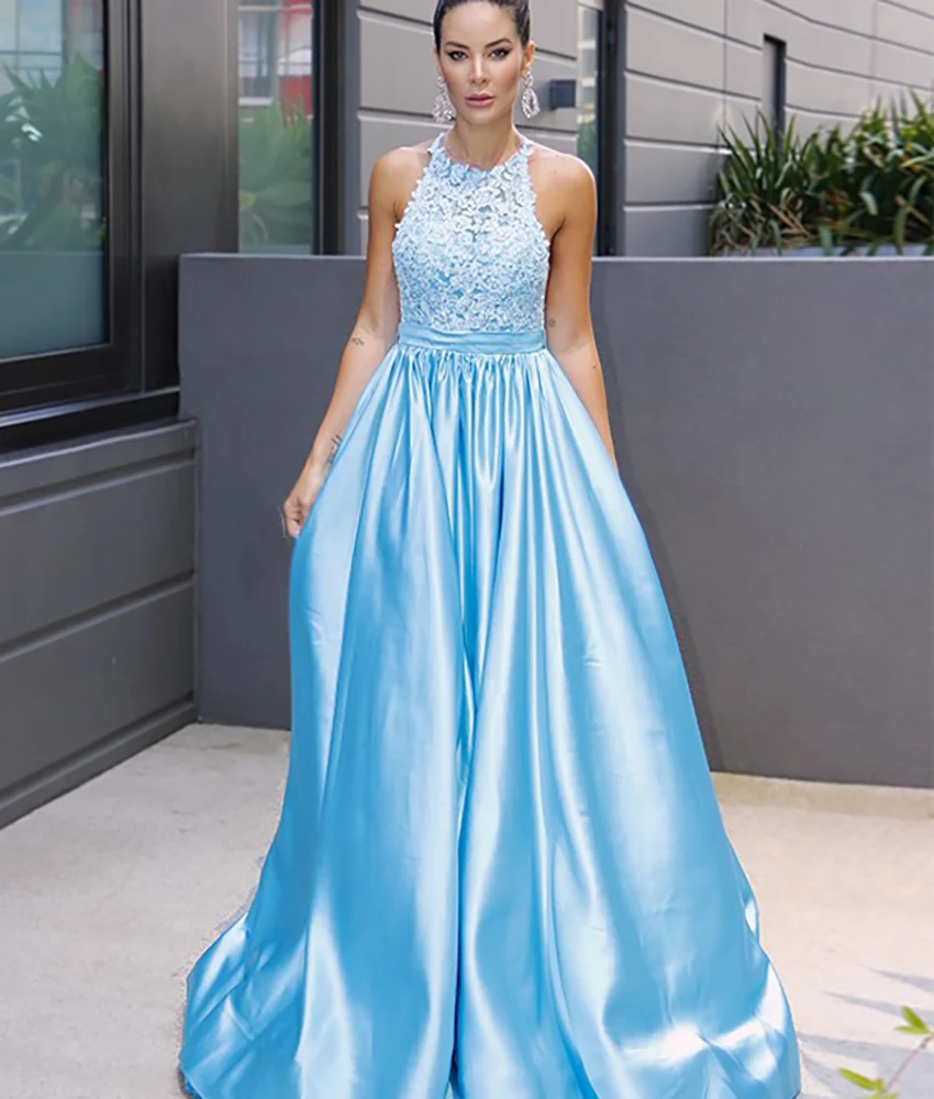 

Customized Graceful Satin A-Line Crystal Appliques Evening Dress Delicate Halter Sleeveless Floor Length After Party Dress
