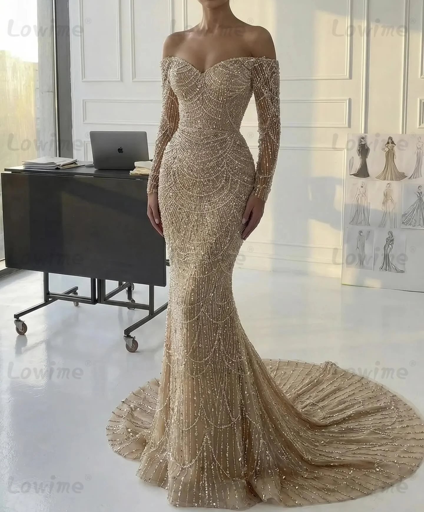 

2026 Customized Champagne Birthday Party Dresses Off The Shoulder Mermaid Evening Gowns Beads Sequined Cheap Prom Dress Robe