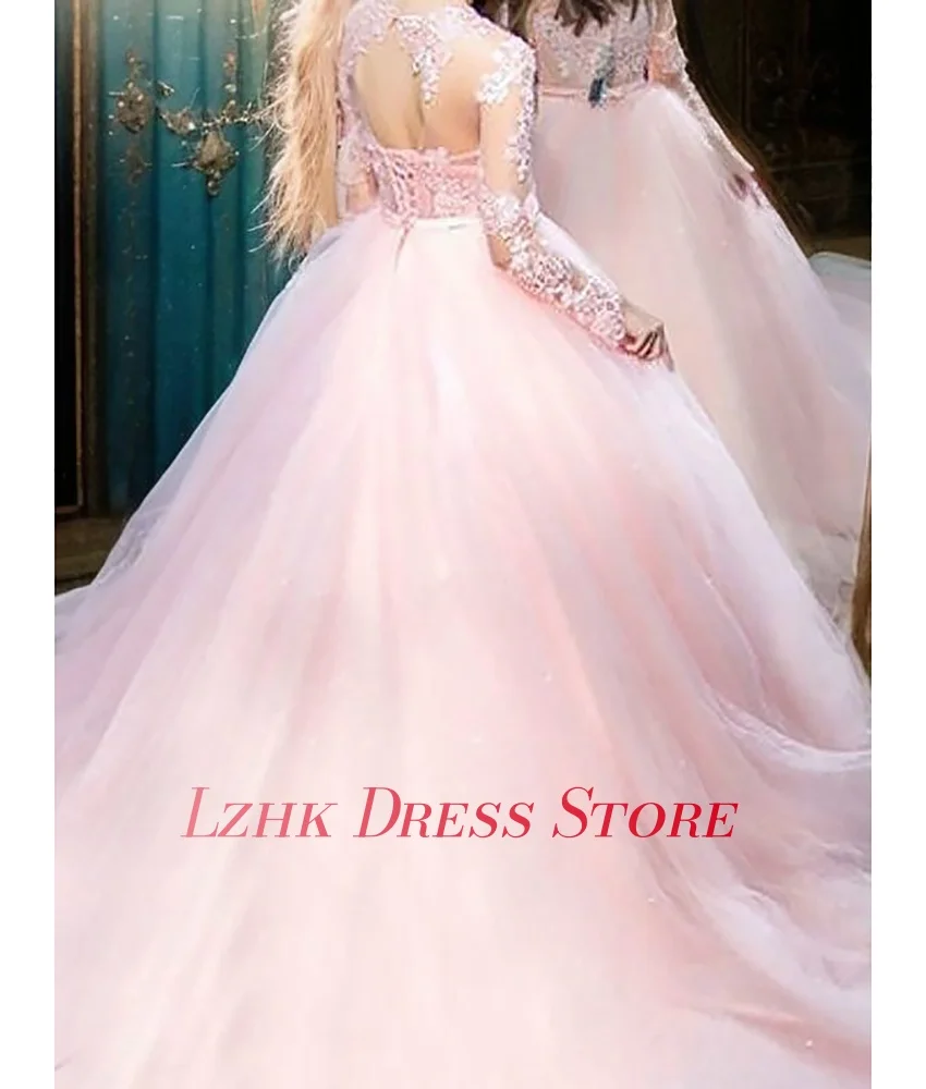 Personalizado sexy organza a linha apliques lantejoulas arco 3d vestido de noite delicado tripulação pescoço mangas compridas فسات evimavera