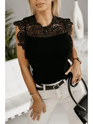 New Temperament Elegant Contrast Lace Sleeveless T-shirt Solid Color Fashion Hollow Out Shirt Tops for Women