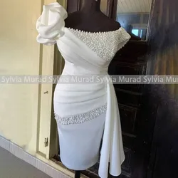Customized Beaded Short Wedding Dress Pleat Mermaid Waistline Cap Off Shoulder Sheath Tea Length Beach Bridal Dresses Party Gown
