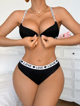 Letter strap underwear set with Push up and Rib Knit