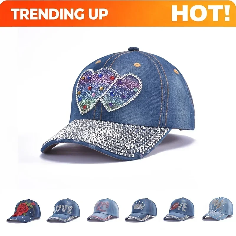Custom Denim Baseball Cap With Perforations, Designed For Outdoor Sports And, Featuring A Diamond-Studded Style For Women