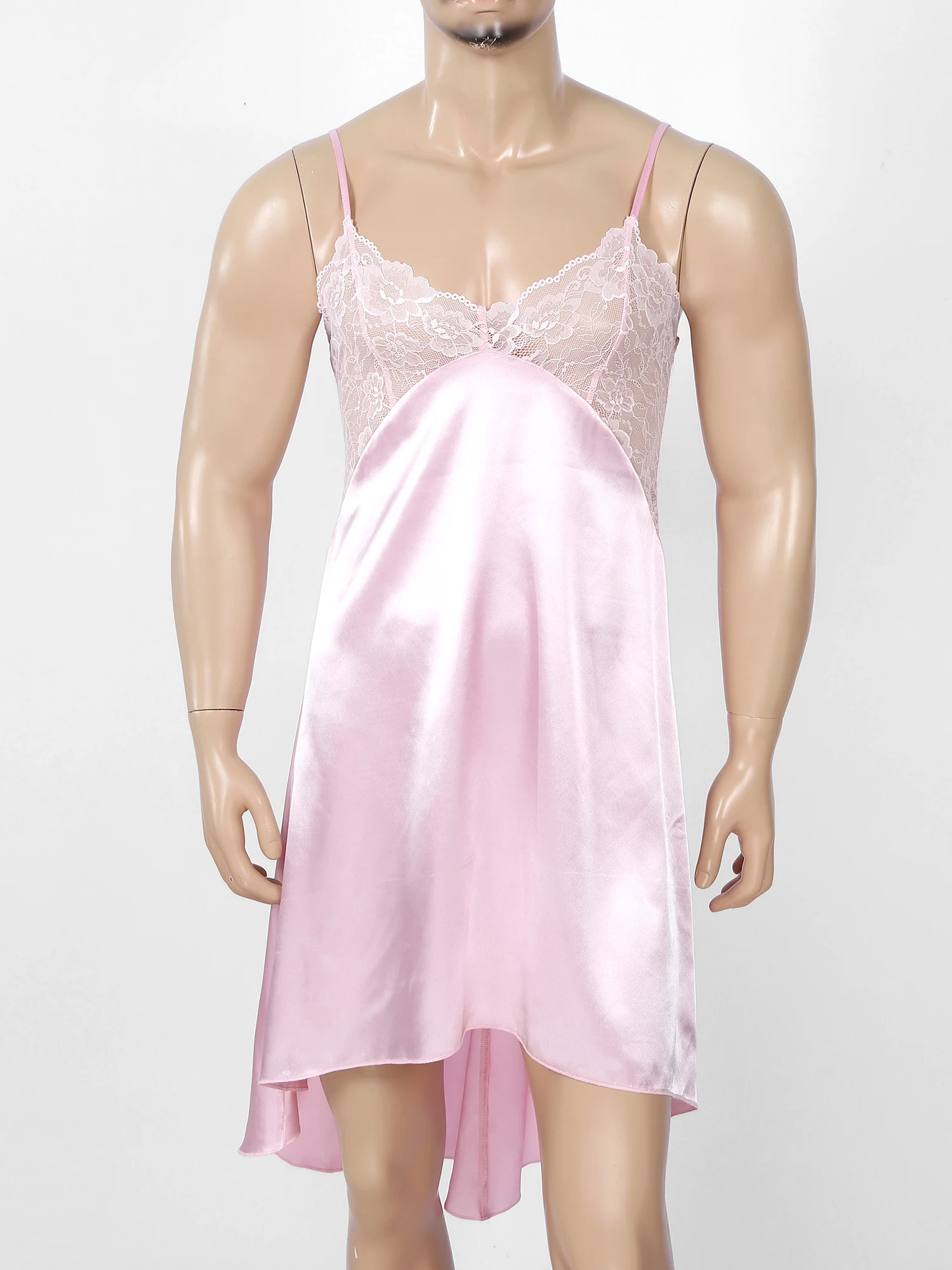 Chemise de nuit en satin patchwork de dentelle pour hommes, vêtements de nuit Sissy, sous-vêtements en élasthanne croisée, lingerie sexy, robe de