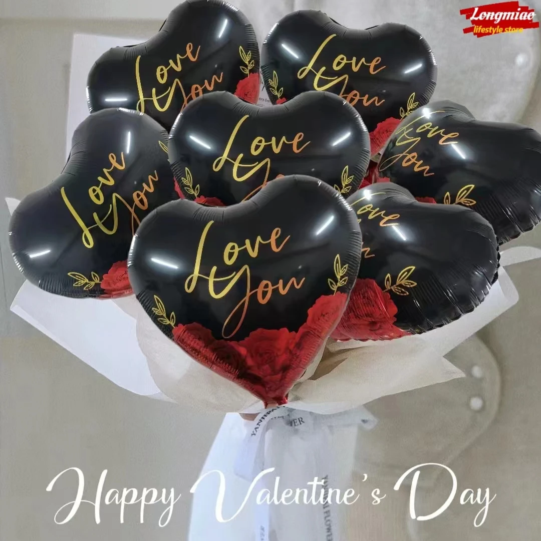 

5pcs/set Valentines Day Balloon Set 18inch Heart Shape Balloon With I love You Print for Valentines Day Gift Party Decorations