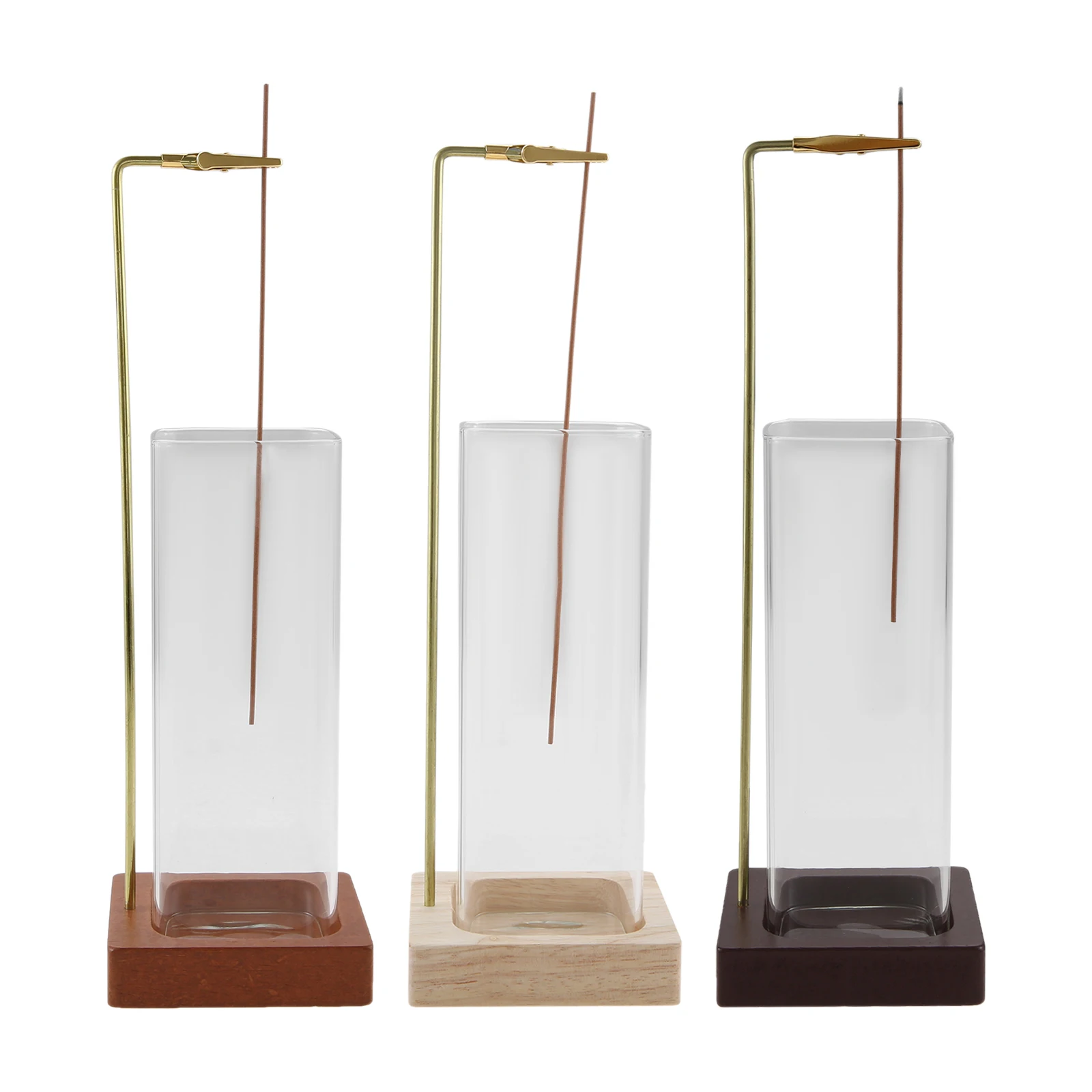 Minimalist Incense Holder Inverted Burner Square Glass Stand Bottle Wooden Base Copper Clip Anti-ash Meditation Yoga Timer Decor