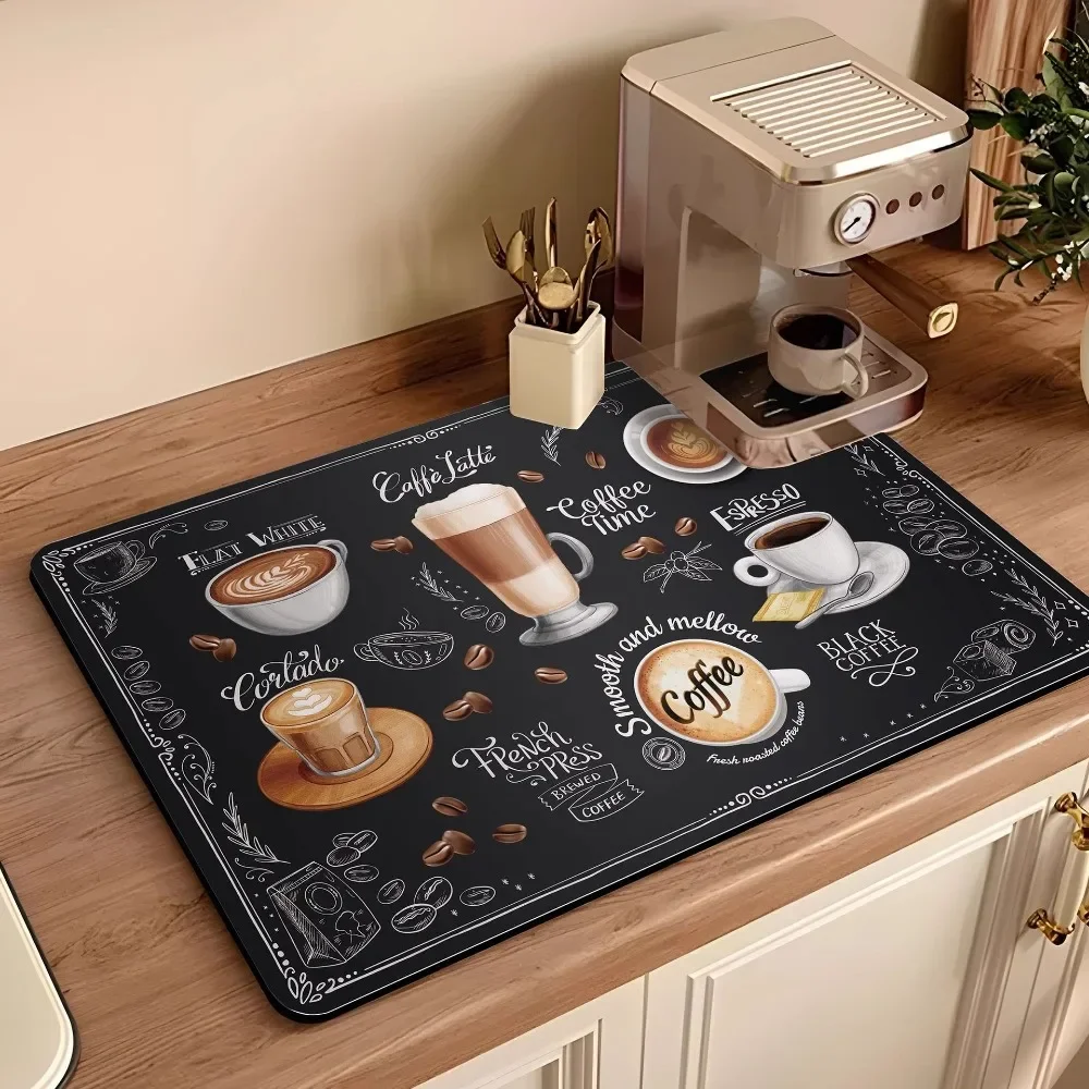 Coffee Machine Printed Diatomaceous Earth Kitchen Counter Drying Mat Tableware Dish Pad Quick-Dry Heat-Resistant Cup