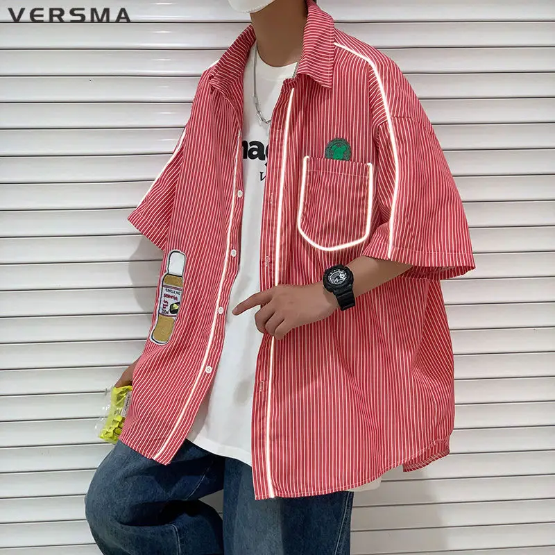 

VERSMA Korean Harajuku Reflective Patchwork Short Sleeve Shirt Men Summer BF Casual Striped Funny Shirts Women XXXL Dropshipping