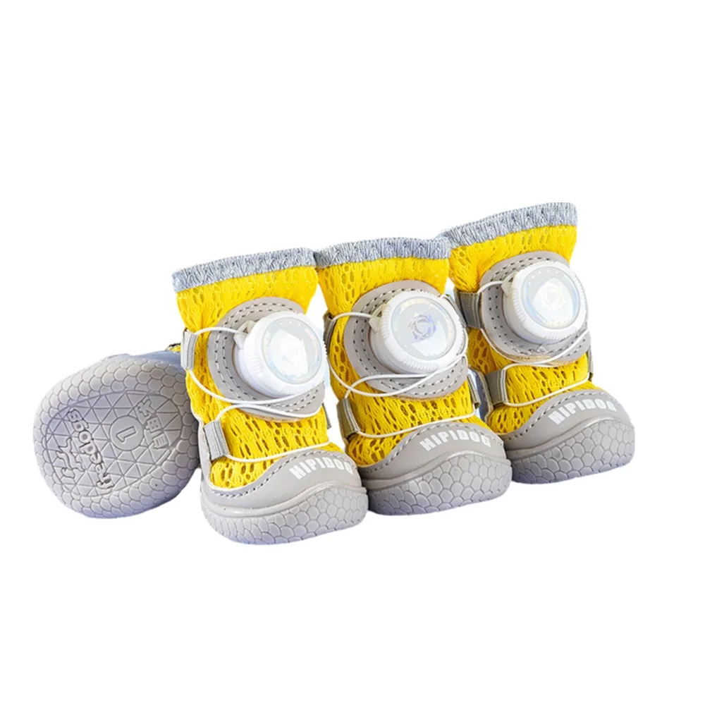 4Pcs/Set Fashion Breathable Button Dog Shoes Reflective Anti-slip Dogs Mesh Shoes Comfortable Soft Sole Dog Footwear Outdoor