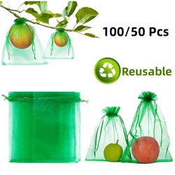 100/50 Pack Fruit Protection Bags Grape Mesh Pouch with Drawstring Reusable Strawberry Grow Bag Organza Net Bag for Pest Control