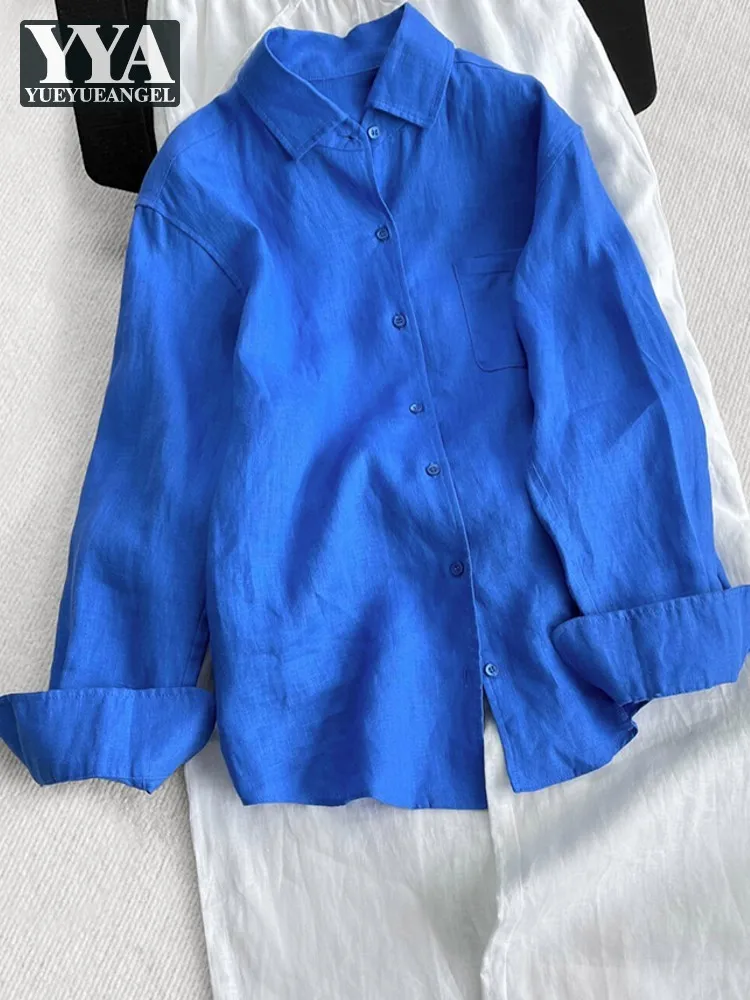 

Turndown Collar Single Breasted Womens Summer Linen Shirts Straight Long Sleeves Pocket Loose Fit Work Lady Thin Casual Tops