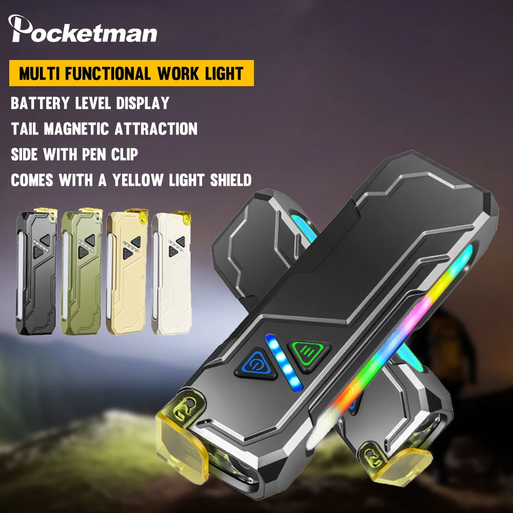 

Dual-source RGB Color-changing Flashlight with Built-in Battery Aluminum Alloy Body Magnet USB Rechargeable Torch Work Light
