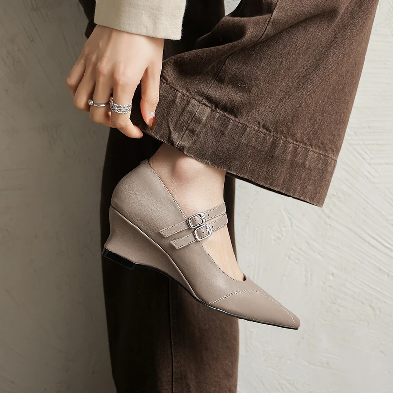 2026 new spring autumn women pumps natural leather 22-25cm washed cowhide+pigskin pointed toe buckle mary janes women shoes