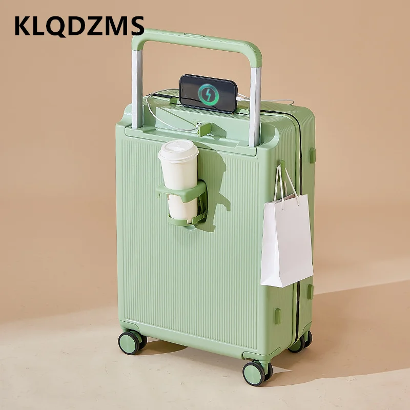 KLQDZMS tas perjalanan koper ABS + PC casing asrama 24 "26 USB casing troli pengisi daya 20" 22 inci dengan pemegang cangkir koper kabin