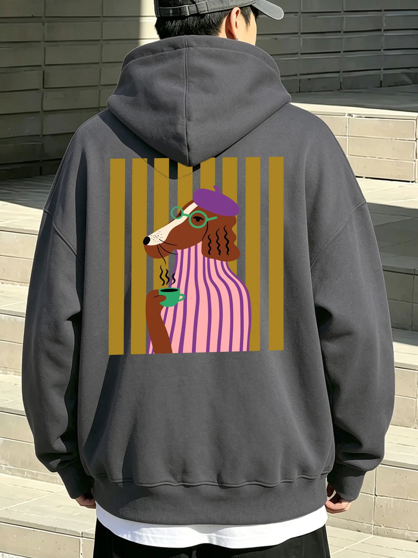 Coffee Dachshund Dog Prints Men Loose All-Match Hoodie Casual Basics Pullover Retro Pocket Streetwear Comfy Fleece Long Sleeve