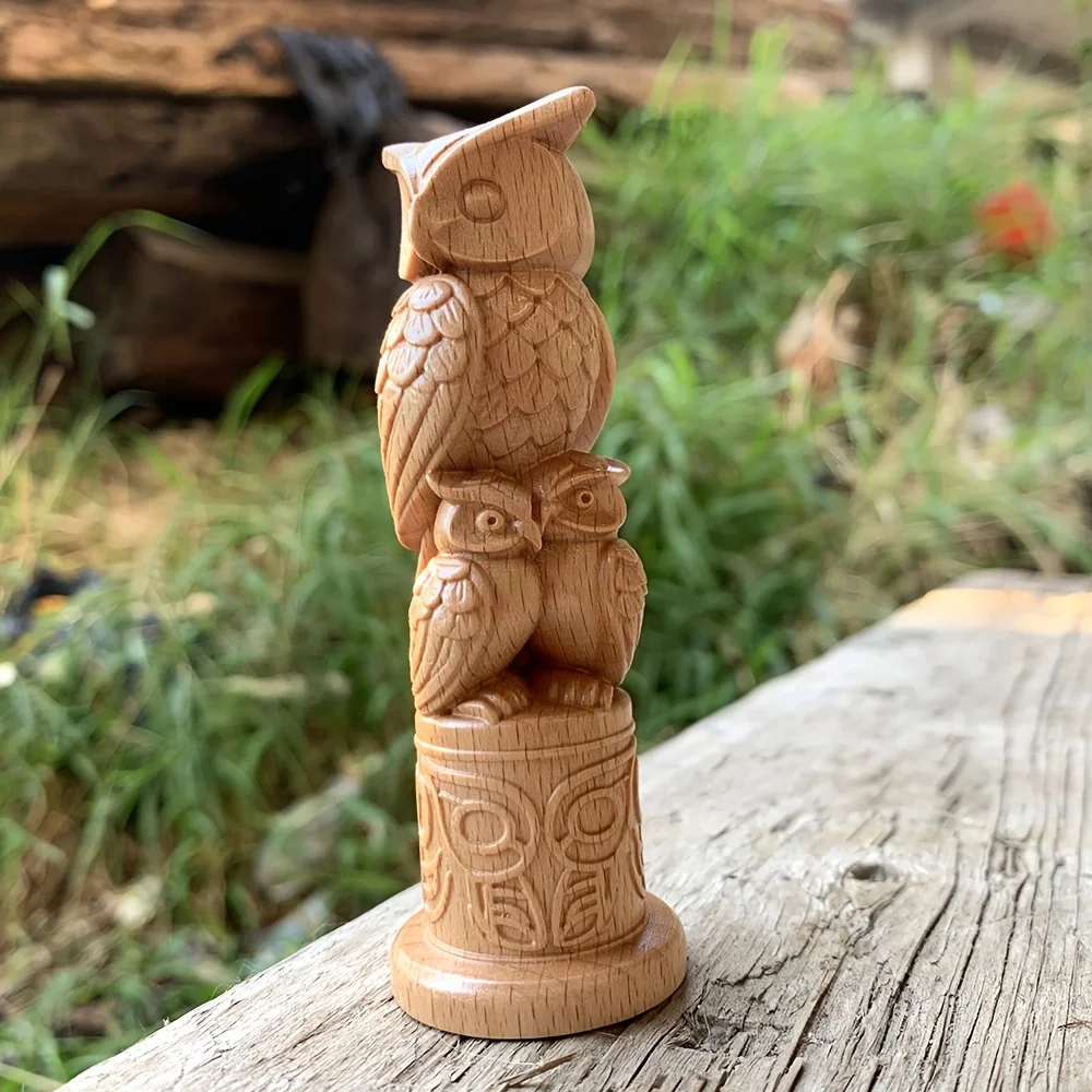 3.85 Inch Solid Wood Hand-Carved Owl Totem Statue Artistic Style, Suitable for Fireplace, Holiday Decoration, Home Decoration, Back-To-School Season Gift, Desktop Ornament, New Year Gift, Office, Statue Ornament