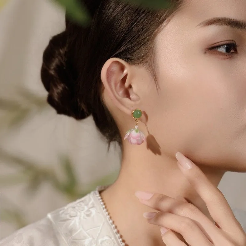Unique Lotus Flower Drop Earrings Women Elegant Pink Lotus Earrings Chinese Style Statement Jewelry Wholesale Custom Packaging view 3