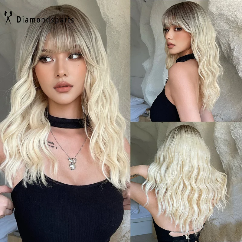Women Long Wavy Platinum Blonde Hair Wigs with Bang Synthetic Wig Fanshion Daliy