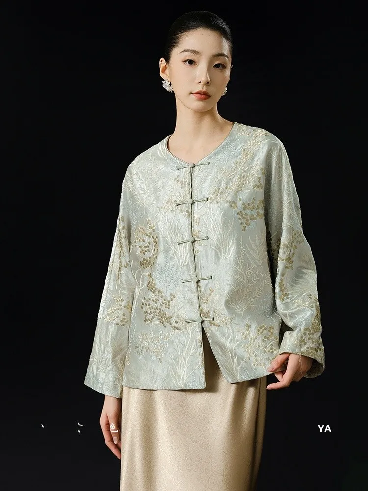 

New Chinese Sle Acetate Satin Surface Embroidered Top High-End Chinese Vinegar Acetate Jaet Traditional Chinese Sle Out...