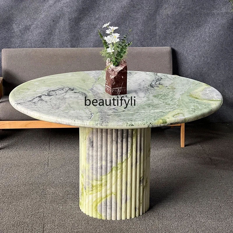 Simple light luxury natural green marble round dining table home modern Roman column