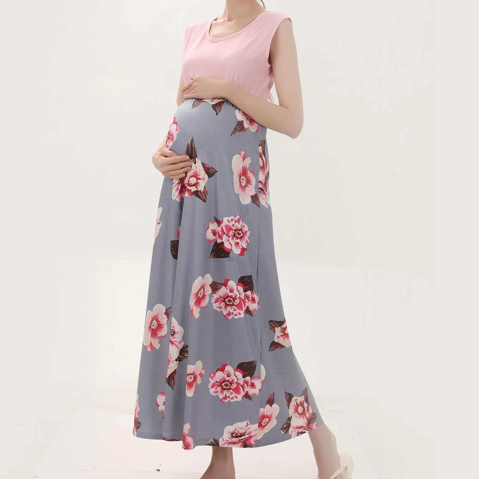 

Maternity Tank Dress Pregnant Women Crewneck Sleeveless Floral Print Patchwork Nursing Dress Summer Pregnancy Clothes Vestidos