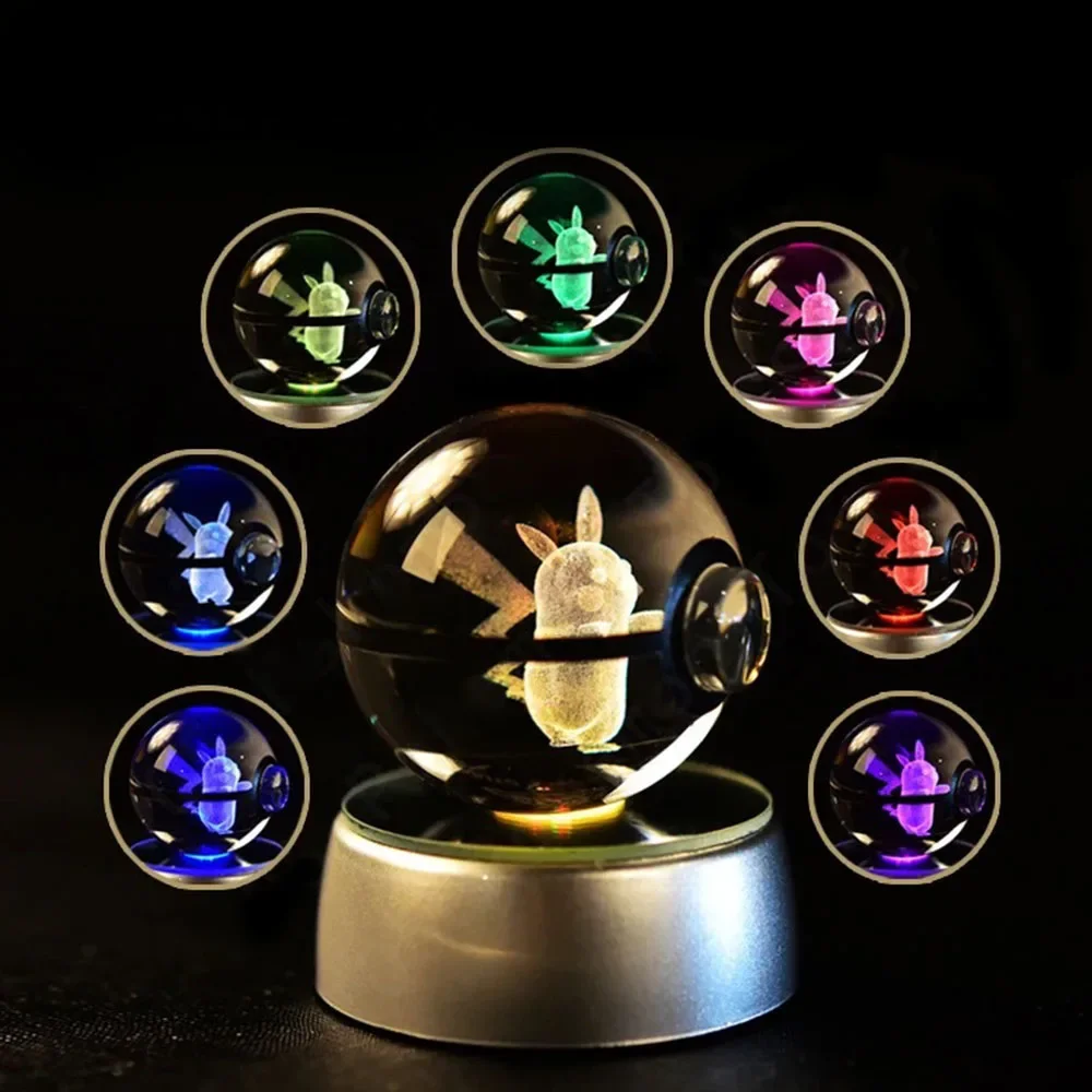 3D Pokemon Crystal Ball Pikachu Mewtwo Figure Children Toy Pokeball Crystal Pokemon Glass Ball Lamp LED Night Light Base Gift