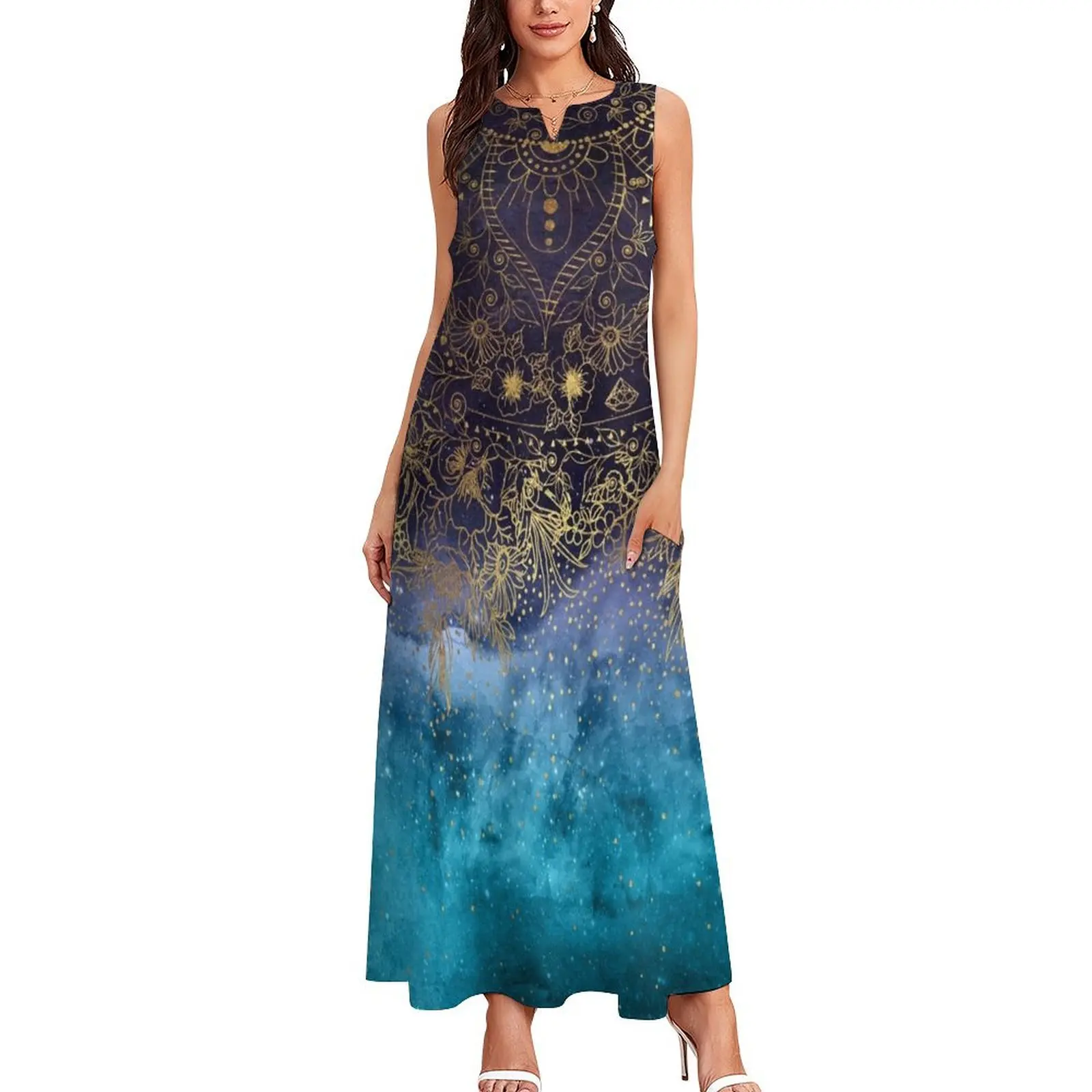 Ouro floral mandala e confete imagem vestido longo vestidos para mulher 2025 designer de luxo festa vestidos de verão feminino 2025 vestido