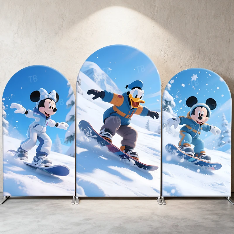 

Disney Skiing Theme Arch Backdrop Cover Mickey Minnie Donald Duck Party Decor Photo Booth Background Winter Celebration Supplies