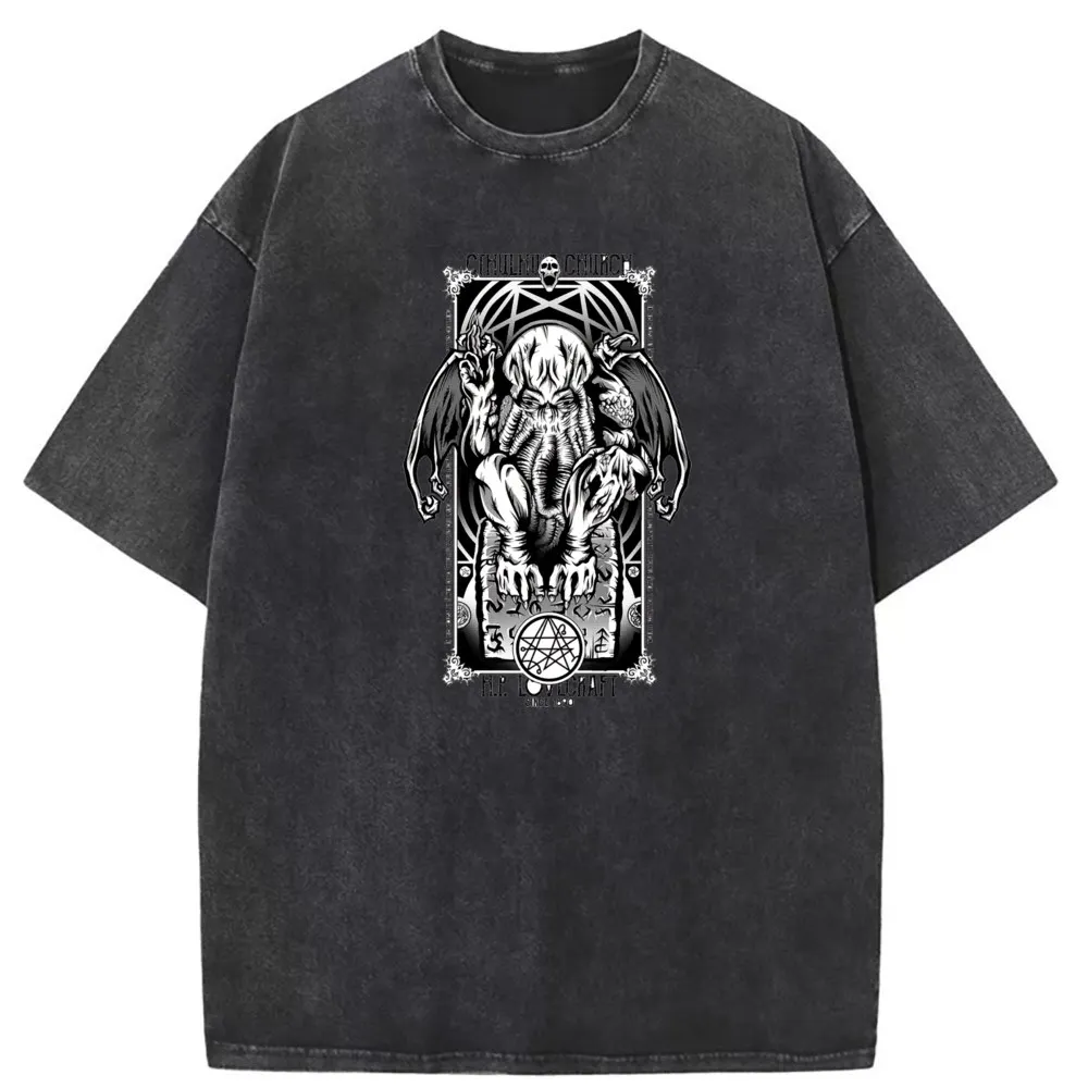 Printed Cthulhu Classic Tshirt for Men Student Sweatshirts Summer/Autumn Long Sleeve Washed Tshirt Custom Streetwear Tee