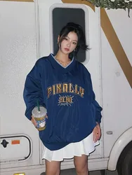 Adagirl-American retrô bordado com moletons femininos, estilo preppy, moletons esportivos de manga comprida, tops soltos casuais de Kpop Y2K