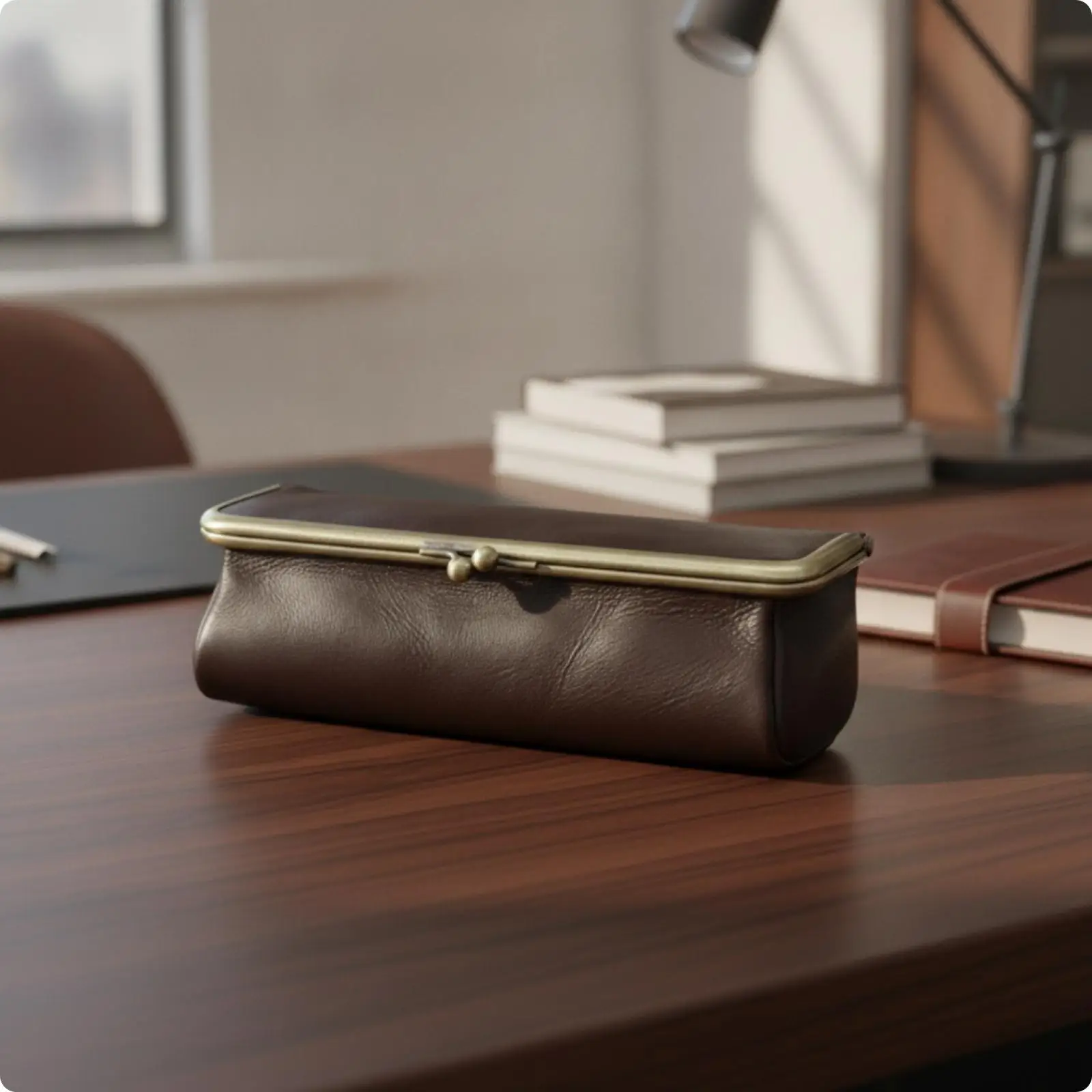Compact Genuine Leather Pencil Case for Men Women with Hinged Clasp Pencil Organizer Pocket for Daily Commute