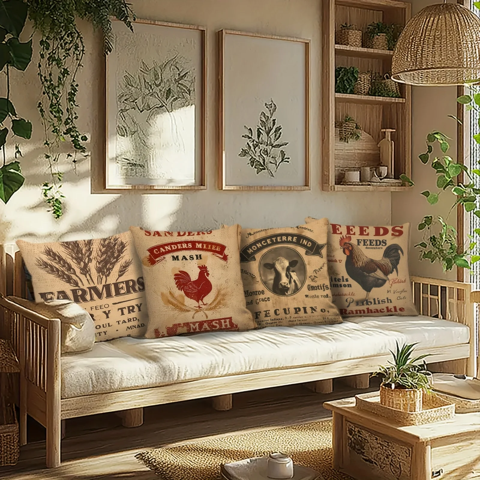 4Pcs Rustic Animal Print Pillow Covers - Farm Style Wheat & Livestock Design for Living Room/Bedroom/Patio (Pillow Not Included)