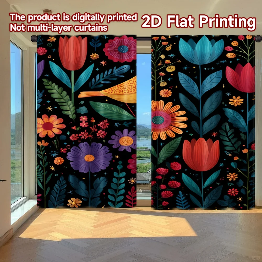 

2D flat printing 2pcs Curtains Bright Bird and Flowers Digital Printed Polyester Drapes Family Party Decoration Use for Holiday