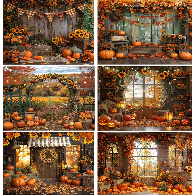 

Autumnal Pumpkins Farm Photography Backdrops Props Halloween Fall Field Maple Leaf Scarecrow Fence Photo Studio Background FM-05