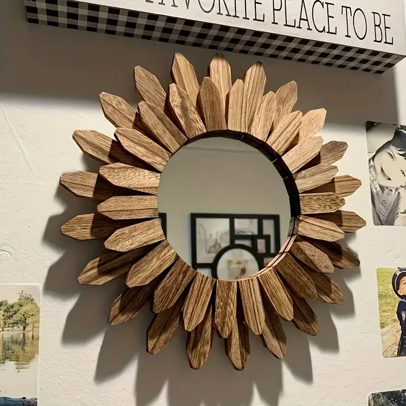 Wooden Sunflower Wall Mirror - Bohemian Style, Creative Makeup & Decor Mirror for Bathroom & Bedroom