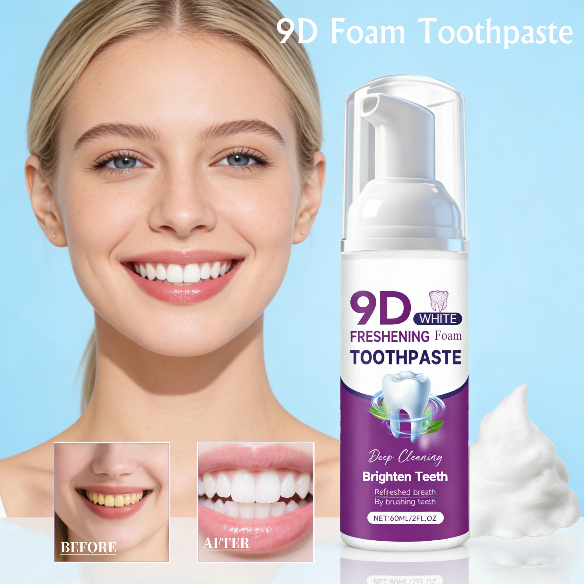 Espuma Dental Refrescante, Limpia, Previene Caries, Elimina la Placa, Protege las Encías, Refresca el Aliento, Repara los Dientes
