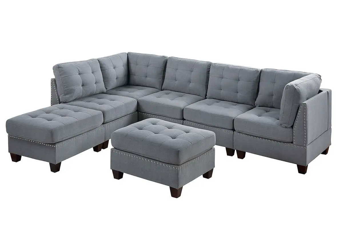 

Contemporary Modular Sectional 7pc Set Living Room Furniture Corner L-Sectional Gray Linen Like Fabric Tufted Nail heads 2x Corn