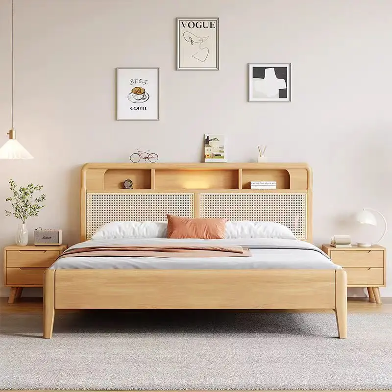 

^&High Quality Modern Bedroom Furniture Solid Wood Bed Frame Nordic King Size Minimal Simple Queen Size Wood Bed With Rattan