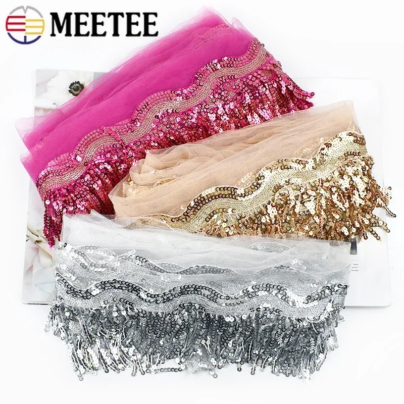 1-5Yards 8cm Sequins Tassel Fringe Paillette Mesh Lace Trim Ribbon for Sewing Performance Skirt Wedding Dress Decoration Fabric