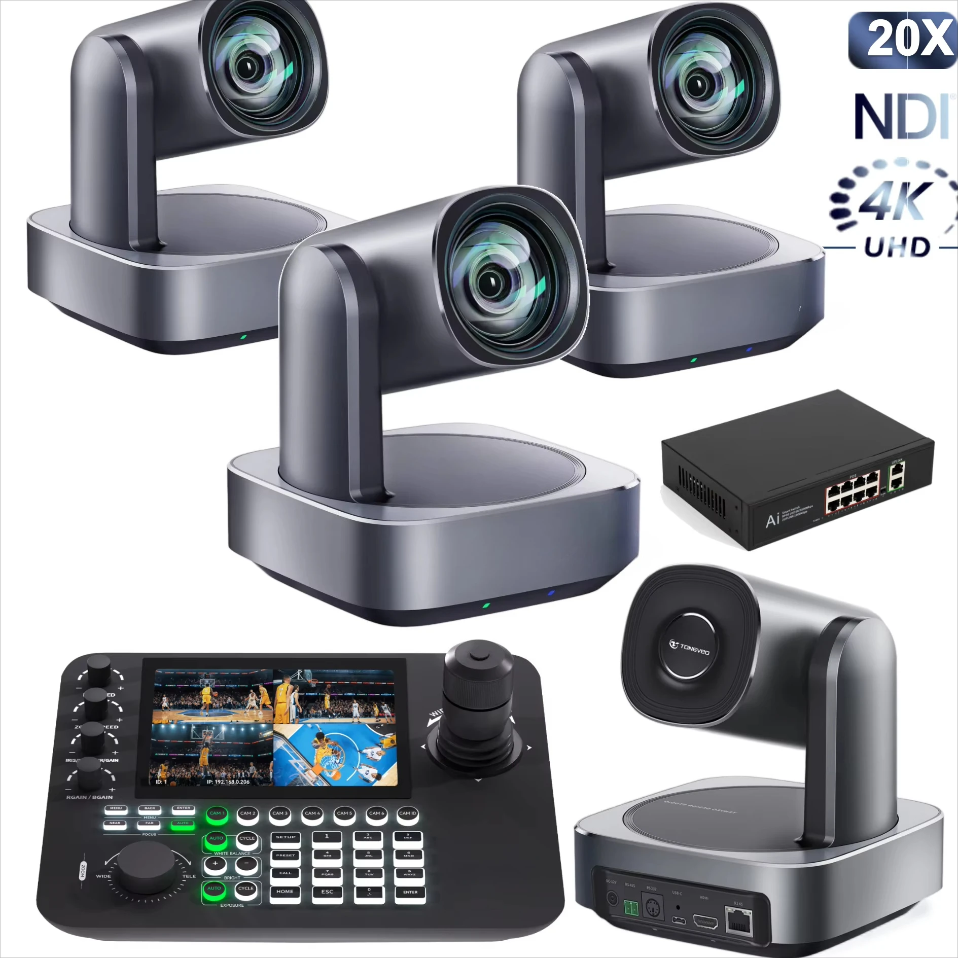 

Live 4K set 20x zoom AI tracking NDI PTZ with joystick controller POE switch