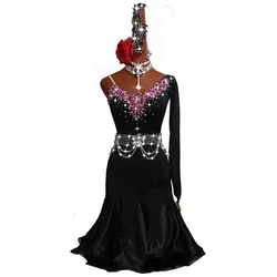 2024 Latin Dance Sexy V-neck Big Swing Skirt Black Pink Embroidery Dance Costume Female Stage Competition Suit