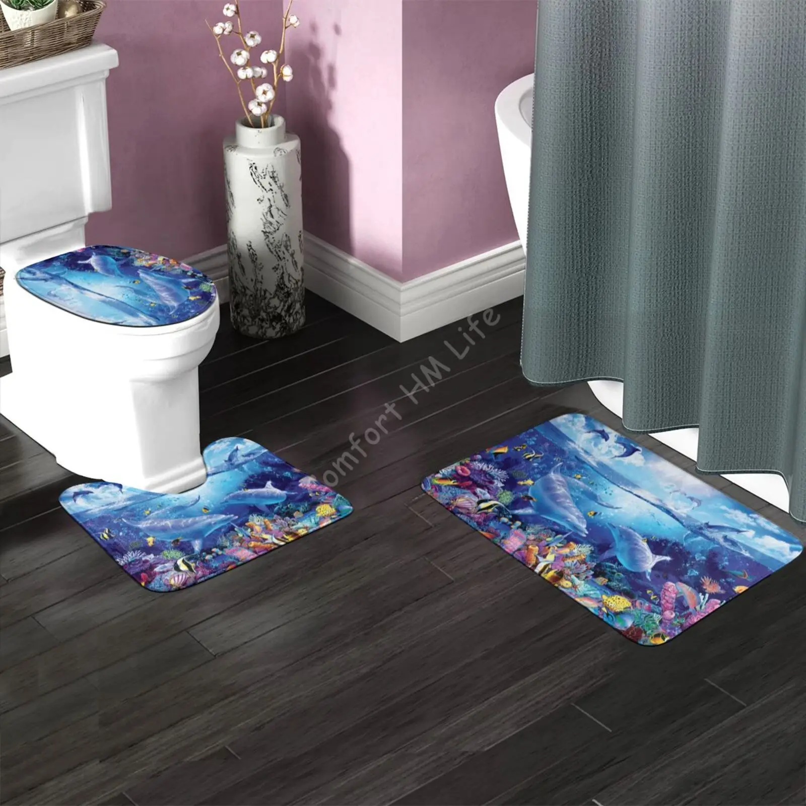 Dolphins Ocean 3 Pieces Toilet Cover Non Slip Mat Bath Rugs Toilet Seat Bath Rug Accessories for Bathroom Decor Bathroom Mat Set