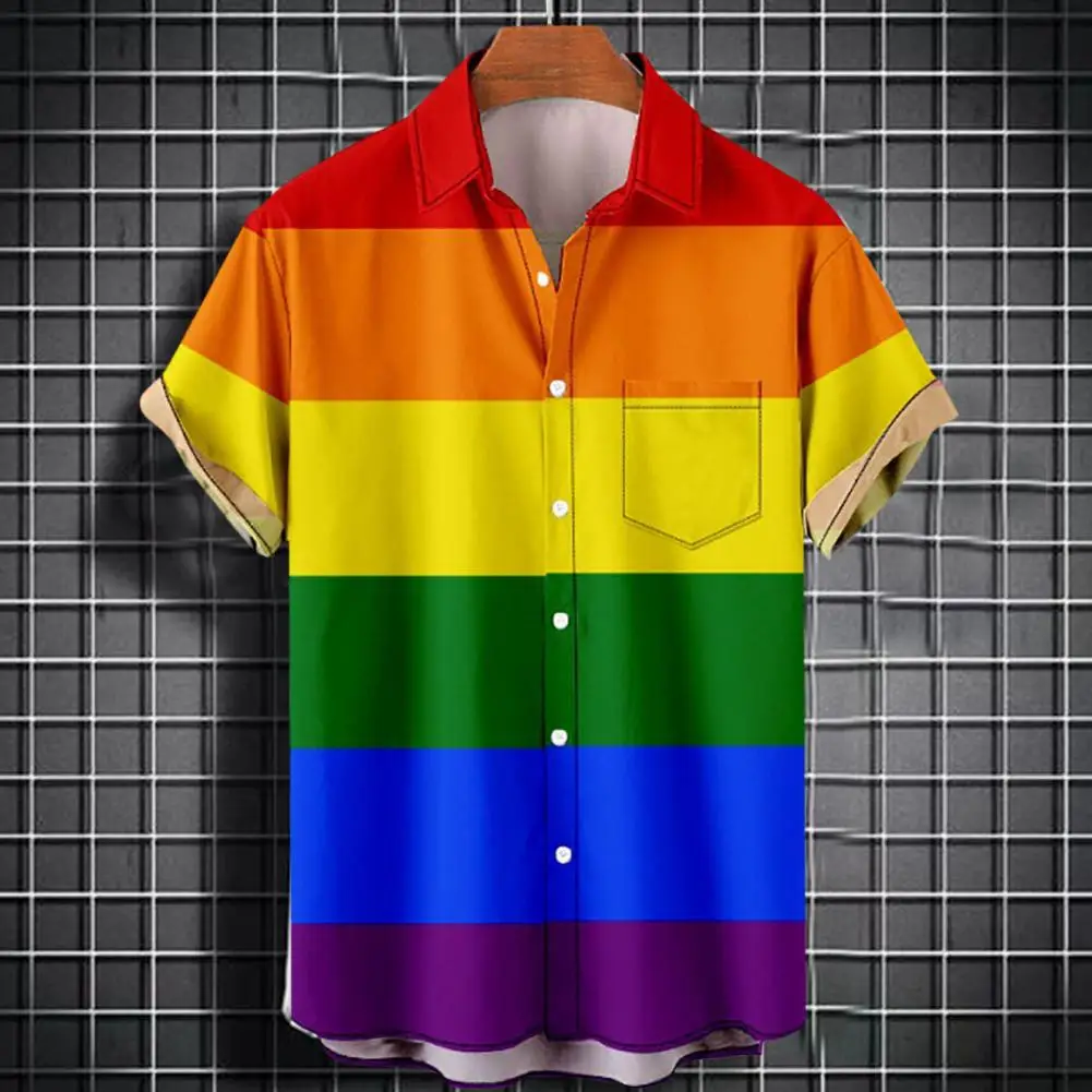 

Rainbow Color Men Shirt Color Turn-down Collar Single-breasted Short Sleeves Buttons Rainbow Shirt Friendly Homosexual Shirt Top